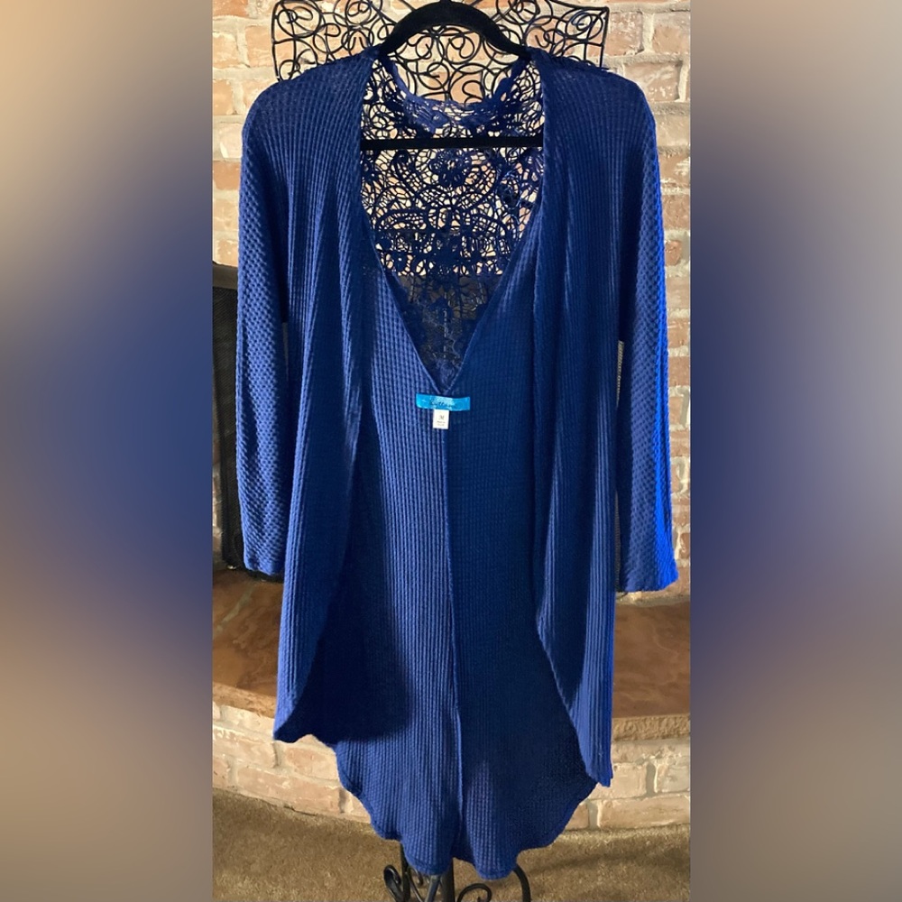 FREEwith any $35 purchase
Buttons Deep Blue Waffle Knit Cardigan with Lace